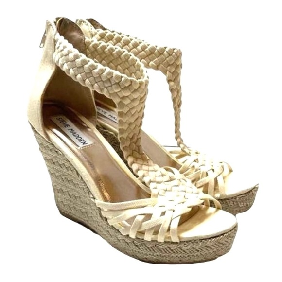 STEVE MADDEN RISE Beige cream T-trap woven Espadrille WEDGE SANDAL women size 6 - Picture 3 of 7